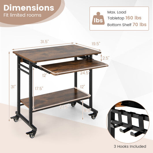 Rolling Laptop Table with Pull-out Keyboard Tray and Hooks-Rustic Brown LuxuryLifeWay Online Store