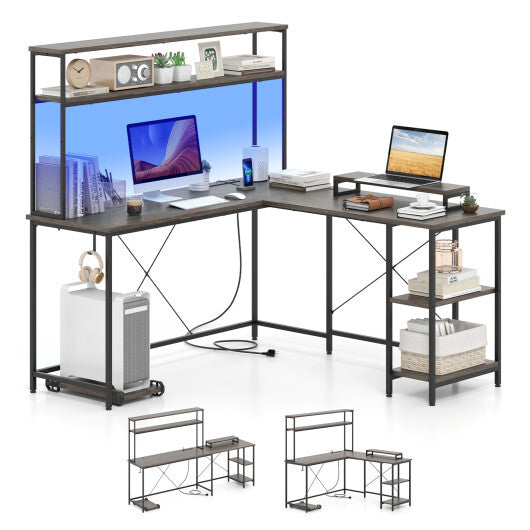 L-Shaped Reversible Gaming Desk with LED Strip and Power Outlets Hutch Monitor Stand-Rustic Brown LuxuryLifeWay Online Store