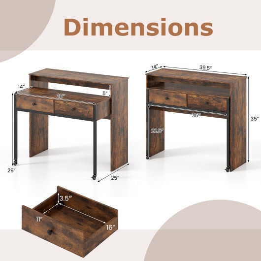 Extendable Computer Desk with 2 Storage Drawers Convertible Home Office Rolling Study Writing Desk-Rustic Brown LuxuryLifeWay Online Store