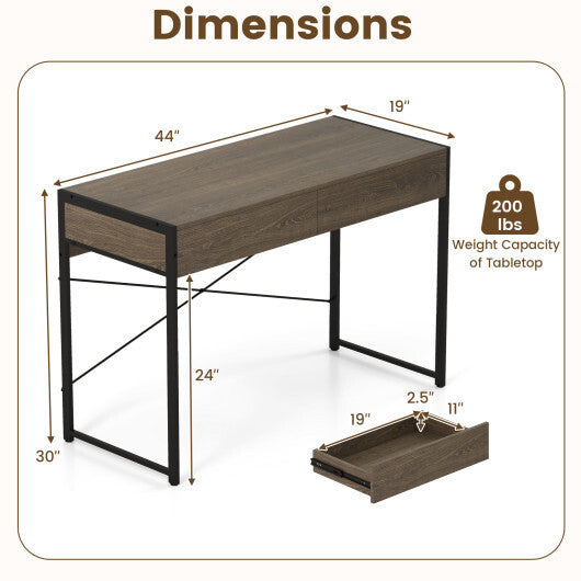 Computer Desk with 2 Drawers 44 Inch Home Office Desk with Metal Frame-Oak LuxuryLifeWay Online Store