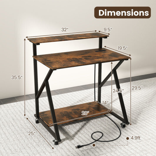 32 Inch Rolling Computer Desk for Small Spaces with Power Outlets-Black LuxuryLifeWay Online Store