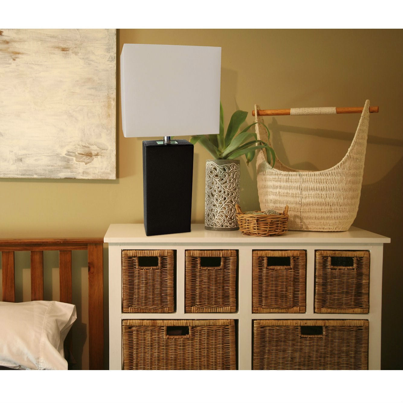 Contemporary Black Leather Table Lamp with White Fabric Shade LuxuryLifeWay Online Store