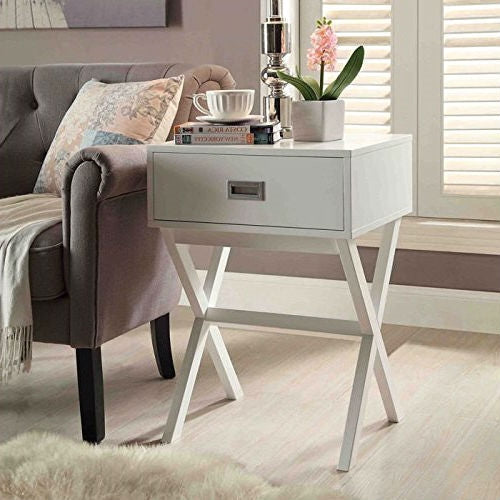 White Modern 1-Drawer End Table Nightstand with X-Legs LuxuryLifeWay Online Store