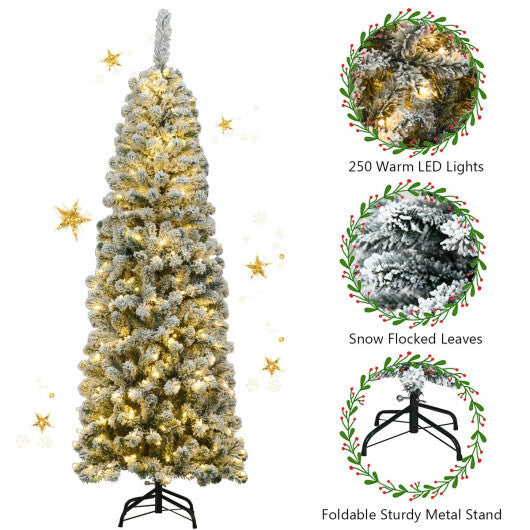 6 Feet Pre-lit Snow Flocked Artificial Pencil Christmas Tree with 250 LED Lights LuxuryLifeWay Online Store