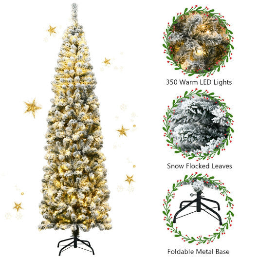 7.5 Feet Pre-lit Snow Flocked Artificial Pencil Christmas Tree with LED Lights LuxuryLifeWay Online Store