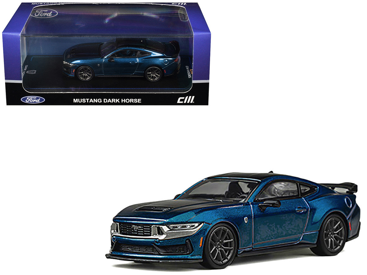 Ford Mustang Dark Horse Blue Metallic with Matt Black Hood and Black Top 1/64 Diecast Model Car by CM Models LuxuryLifeWay Online Store