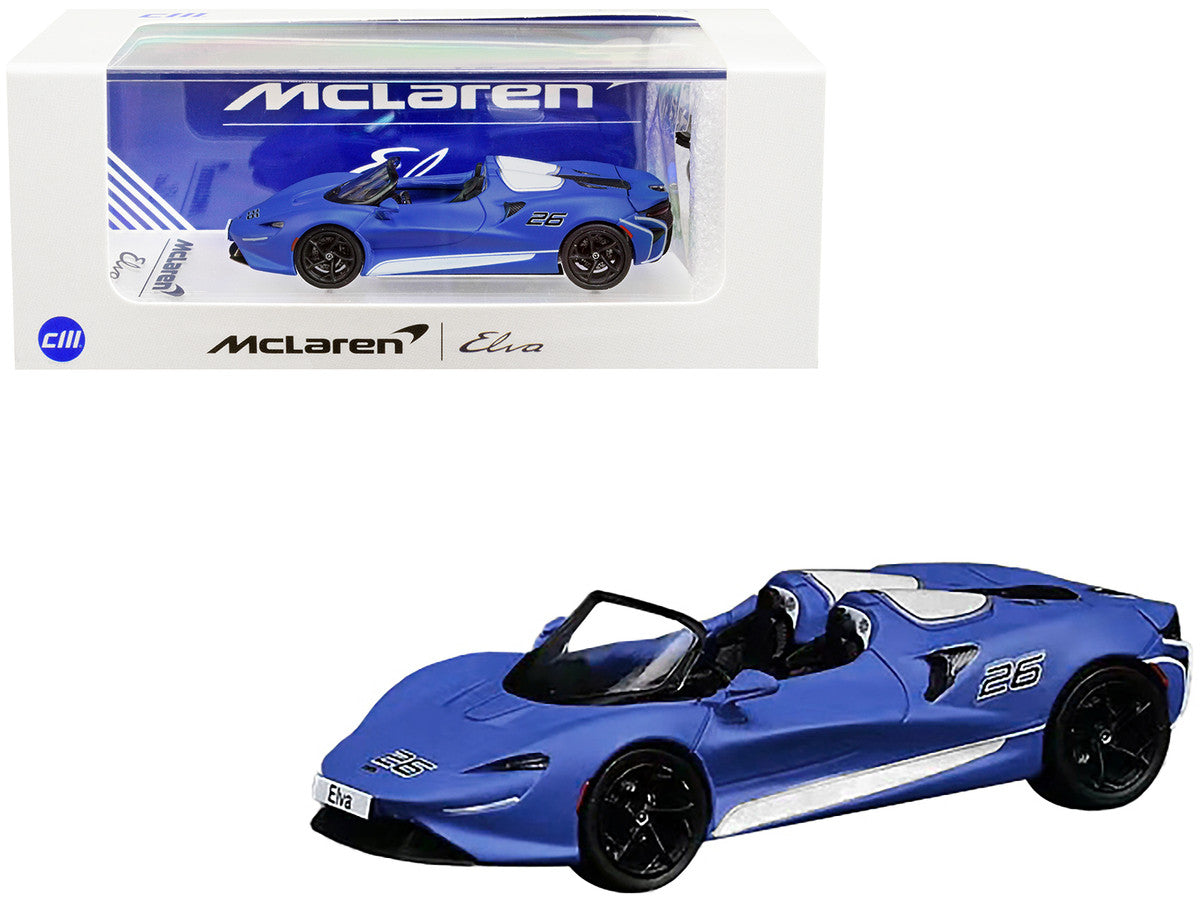 McLaren Elva Convertible #26 Matt Blue with White Stripes and Extra Wheels 1/64 Diecast Model Car by CM Model LuxuryLifeWay Online Store