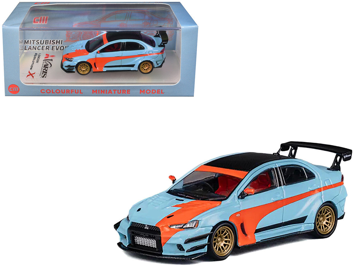 Mitsubishi Lancer Evolution X Varis RHD (Right Hand Drive) Light Blue with Black Top and Orange Stripes 1/64 Diecast Model Car by CM Model LuxuryLifeWay Online Store