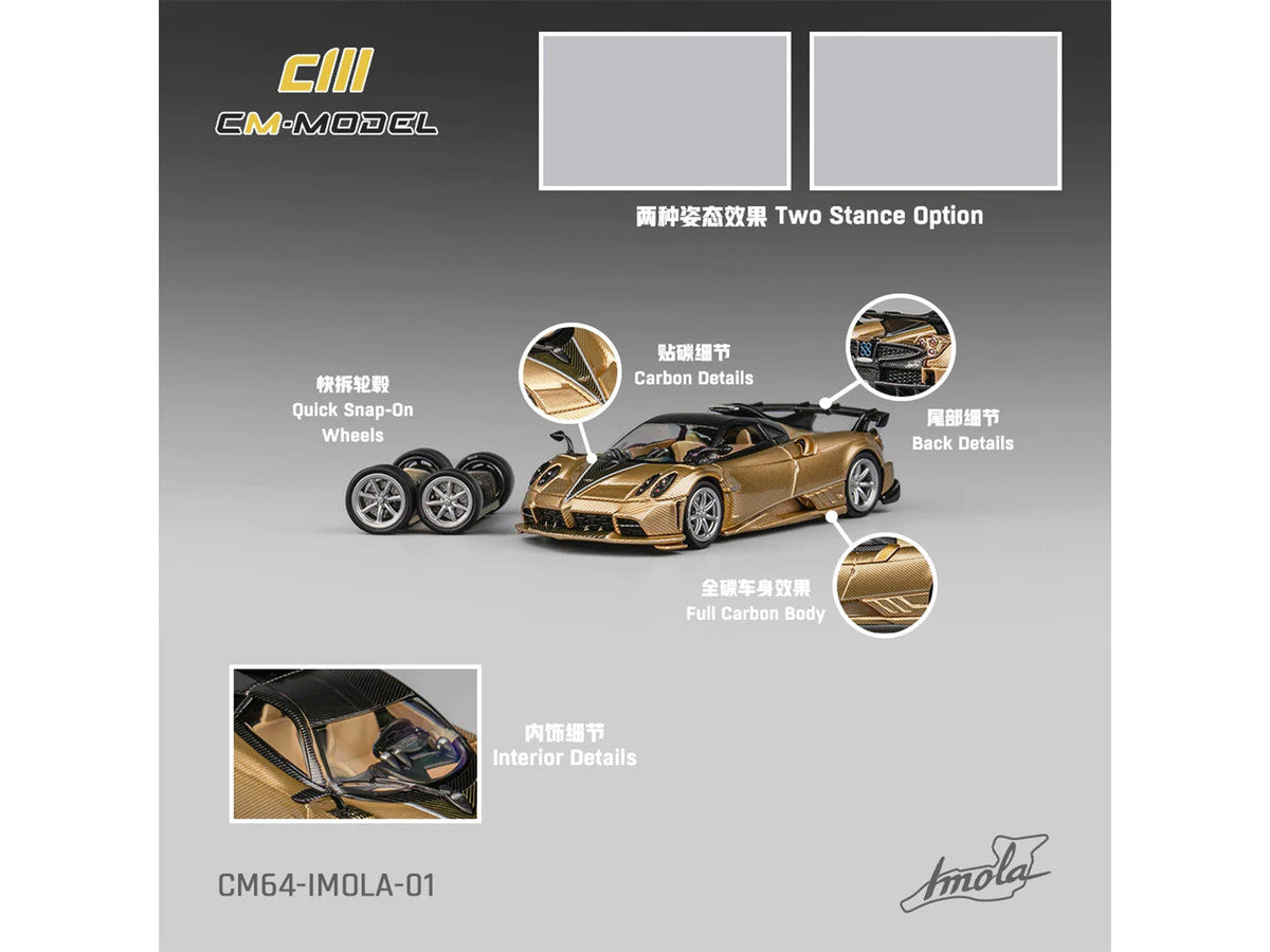 Pagani Imola Gold Carbon Metallic with Black Carbon Top with Extra Wheels 1/64 Diecast Model Car by CM Model LuxuryLifeWay Online Store