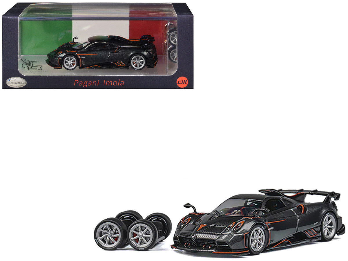 Pagani Imola Dark Gray Metallic with Carbon and Orange Accents with Extra Wheels 1/64 Diecast Model Car by CM Model LuxuryLifeWay Online Store