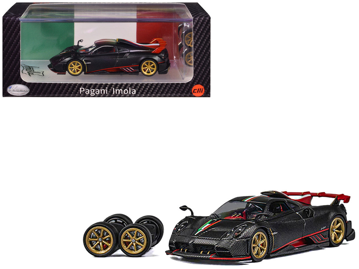 Pagani Imola Black Carbon with Italian Flag Stripes with Extra Wheels 1/64 Diecast Model Car by CM Model LuxuryLifeWay Online Store