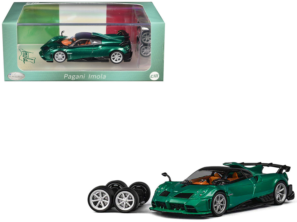 Pagani Imola Emerald Green Metallic with Carbon Top and Extra Wheels 1/64 Diecast Model Car by CM Model LuxuryLifeWay Online Store