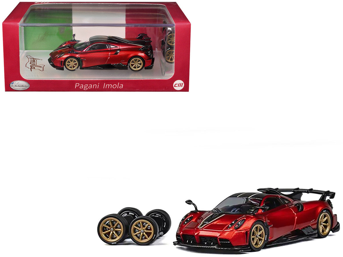 Pagani Imola Red Metallic with Carbon Top and Stripes with Extra Wheels 1/64 Diecast Model Car by CM Model LuxuryLifeWay Online Store