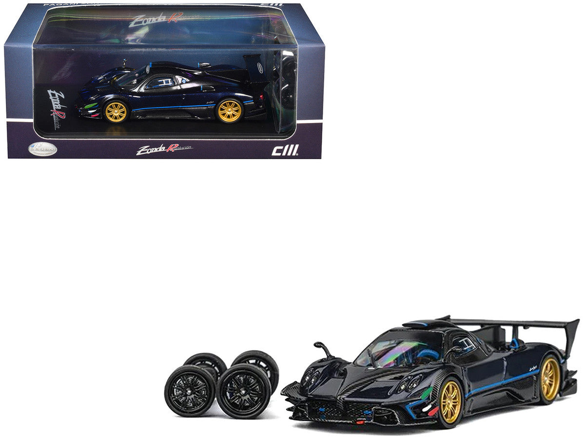 Pagani Zonda Revolucion Dark Blue Metallic and Carbon with Extra Wheels 1/64 Diecast Model Car by CM Model LuxuryLifeWay Online Store