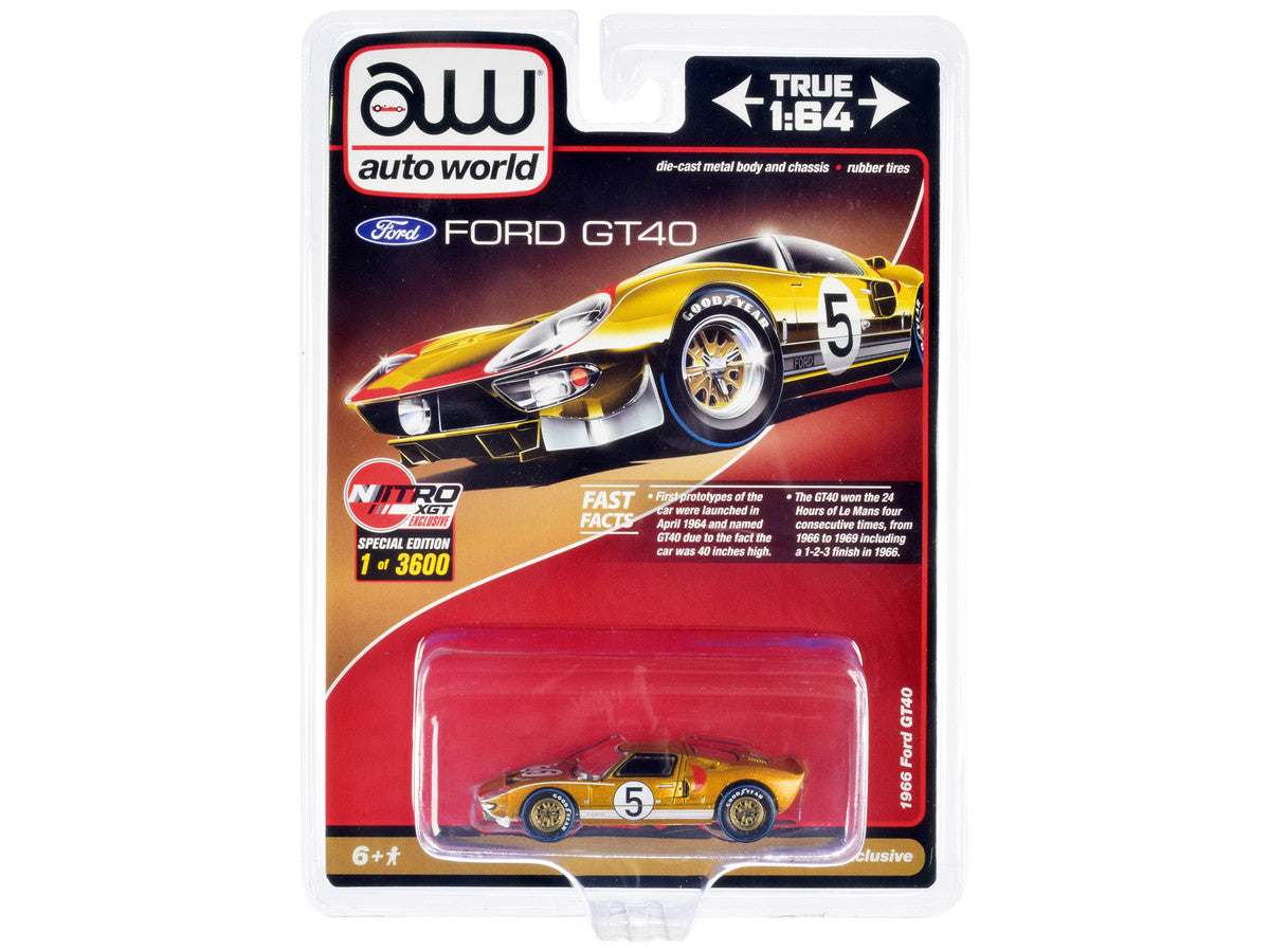 1966 Ford GT40 RHD (Right Hand Drive) #5 Gold with Graphics Limited Edition to 3600 pieces Worldwide 1/64 Diecast Model Car by Auto World LuxuryLifeWay Online Store