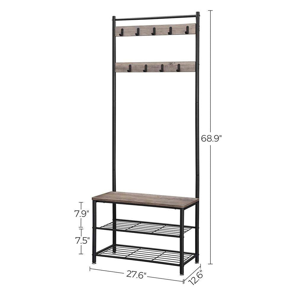 Modern Industrial Black Grey Entryway Coat Rack Shoe Bench with 2 Shelves LuxuryLifeWay Online Store