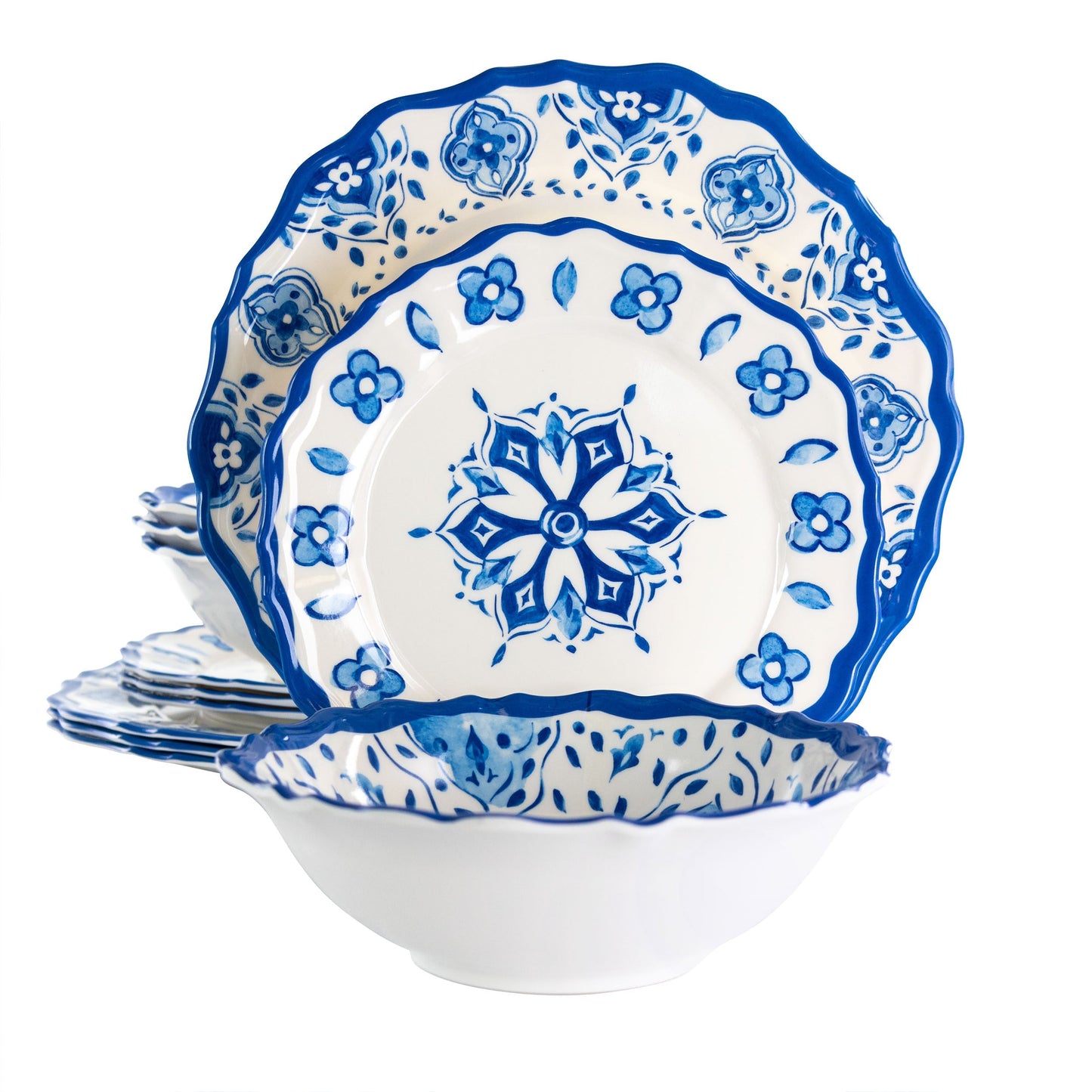 Elama Blue Garden 12 Piece Scalloped Lightweight Melamine Dinnerware Set in Blue LuxuryLifeWay Online Store