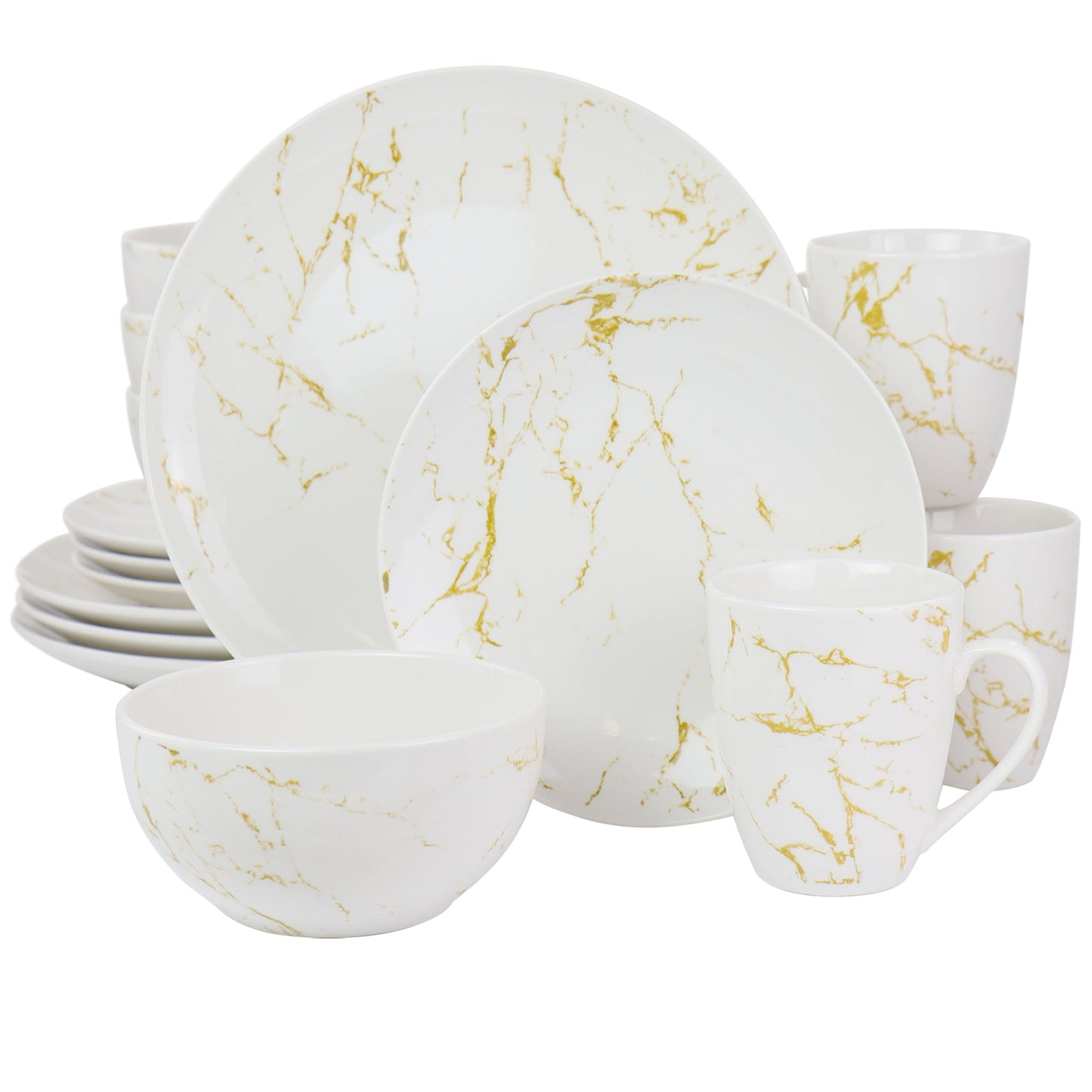 Elama Fine Marble 16 Piece Stoneware Dinnerware Set in Gold and White LuxuryLifeWay Online Store