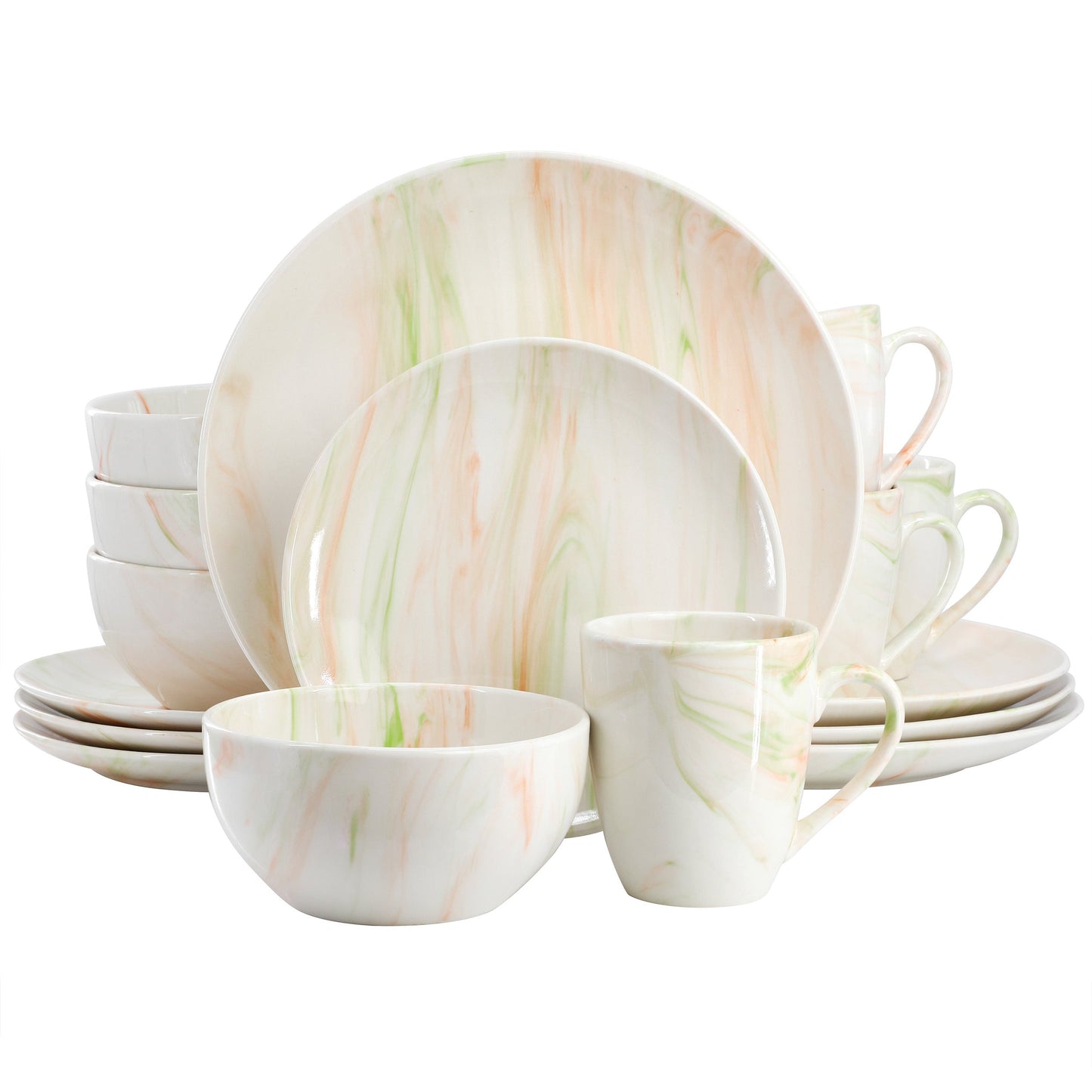 Elama Fine Marble 16 Piece Porcelain Dinnerware Set in Orange and Green LuxuryLifeWay Online Store