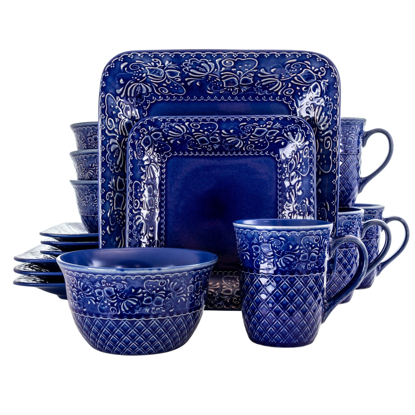 Elama Indigo Lotus 16 Piece Square Dinnerware Set LuxuryLifeWay Online Store