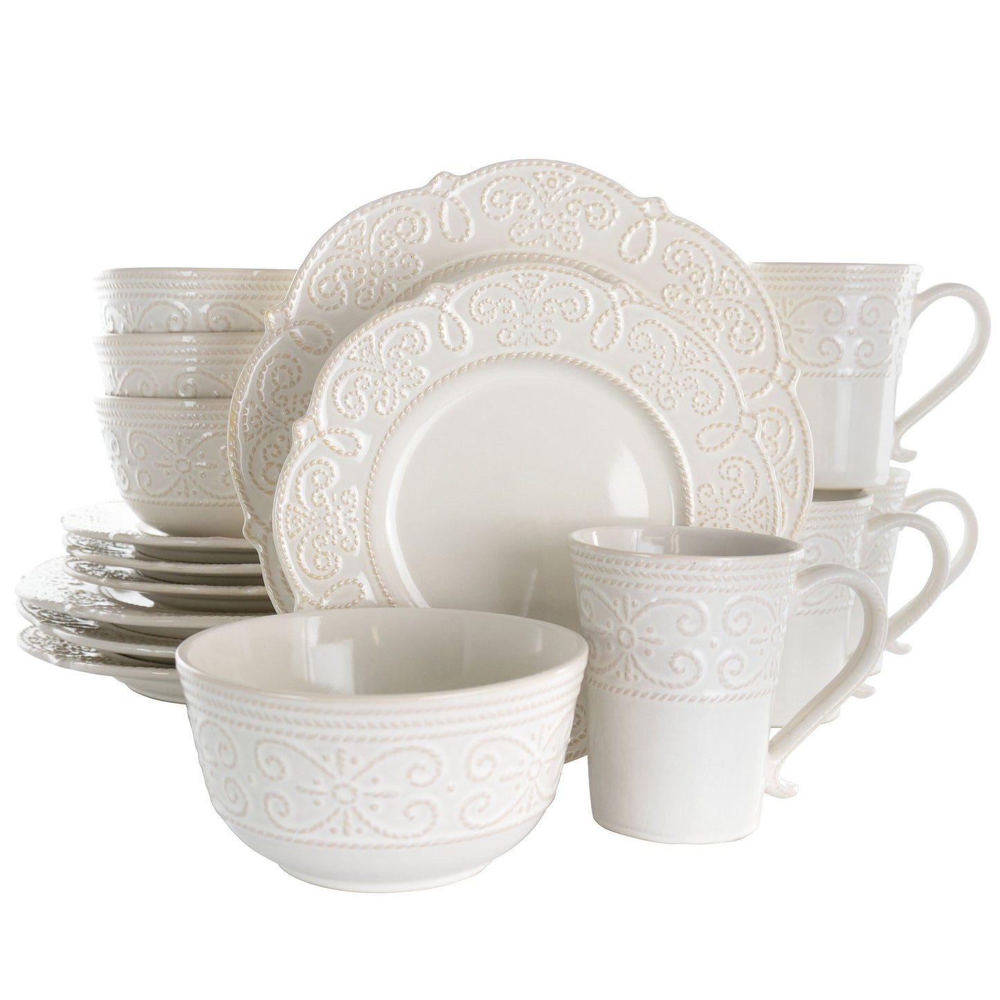 Elama Luna 16 Piece Embossed Scalloped Stoneware Dinnerware Set in White LuxuryLifeWay Online Store