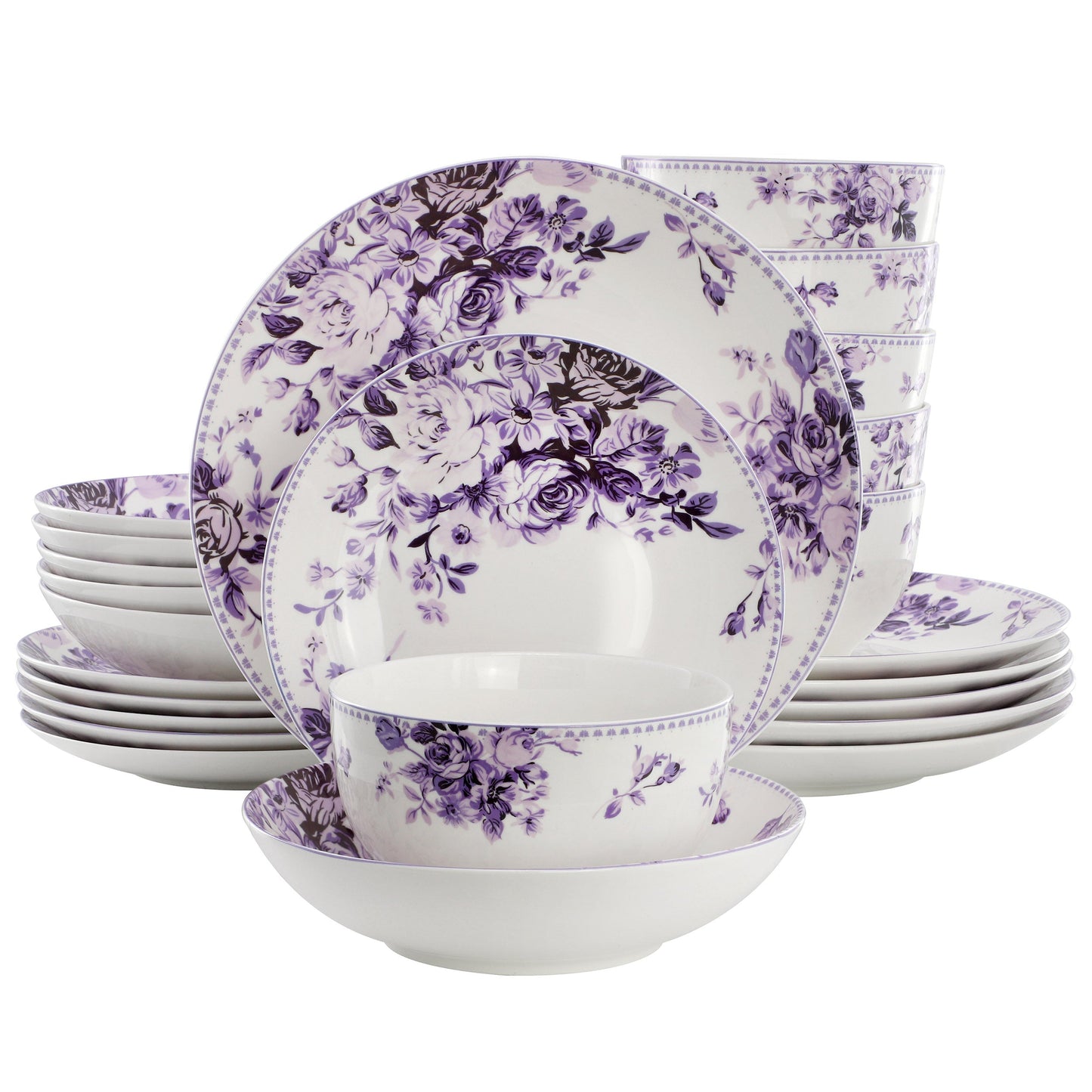 Elama Traditional Purple Rose 24 Piece Porcelain Double Bowl Dinnerware Set LuxuryLifeWay Online Store