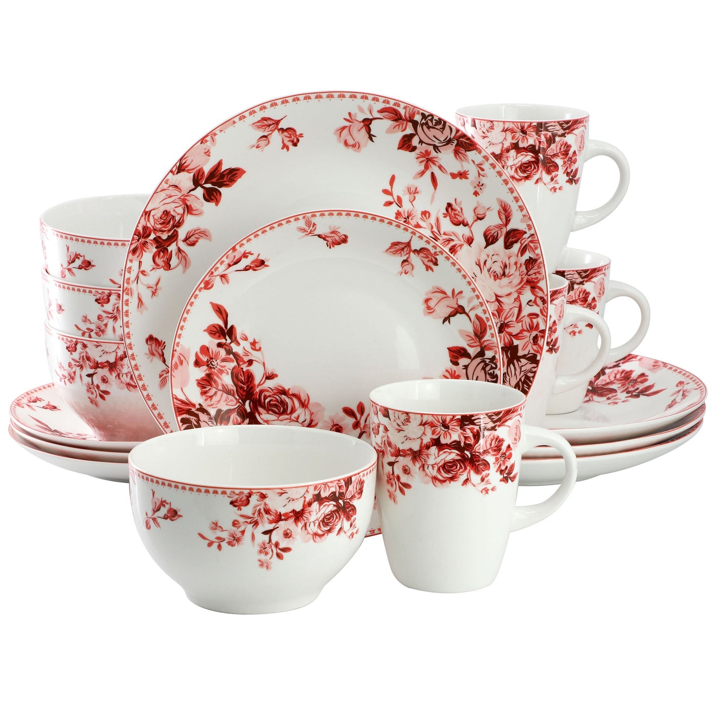 Elama Traditional Red Rose 16 Piece Stoneware Dinnerware Set LuxuryLifeWay Online Store