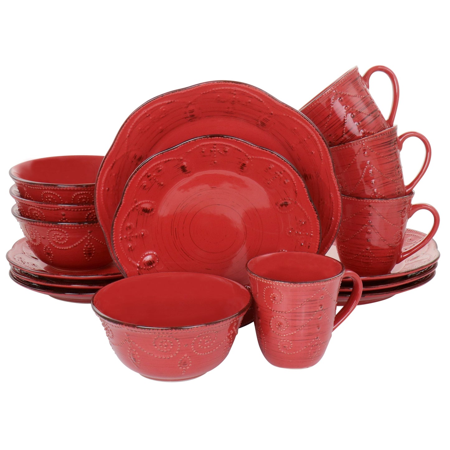 Elama Rustic Birch 16 Piece Stoneware Dinnerware Set in Red LuxuryLifeWay Online Store