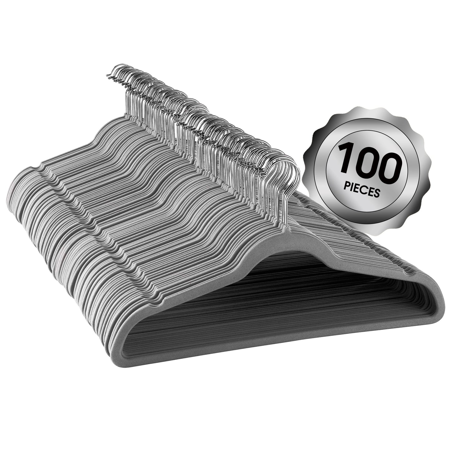 100 Piece Set of Velvet Slim Profile Heavy Duty Felt Hangers with Stainless Steel Swivel Hooks in Gray LuxuryLifeWay Online Store
