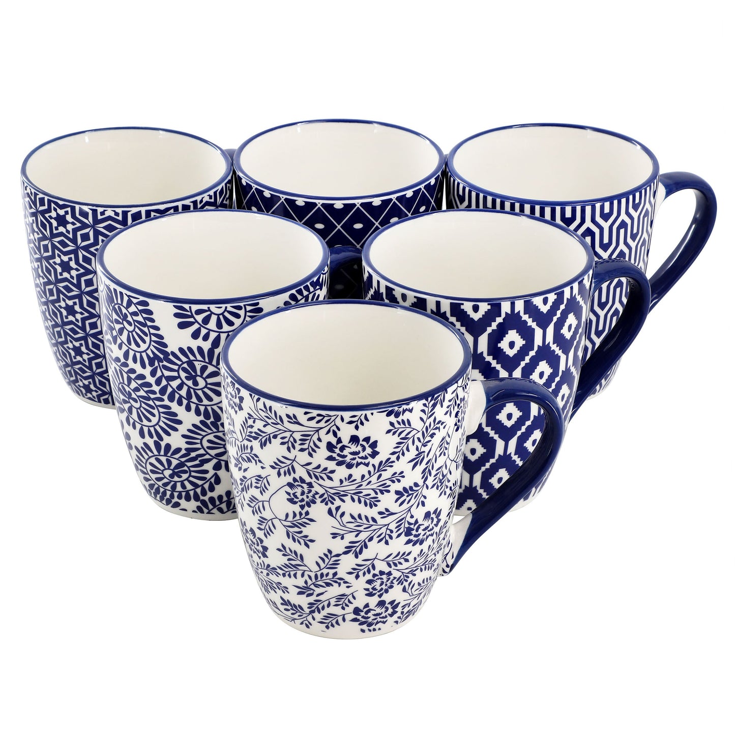 Elama Declan 6 Piece 12 Ounce Assorted Design Stoneware Mug Set in Blue and White LuxuryLifeWay Online Store
