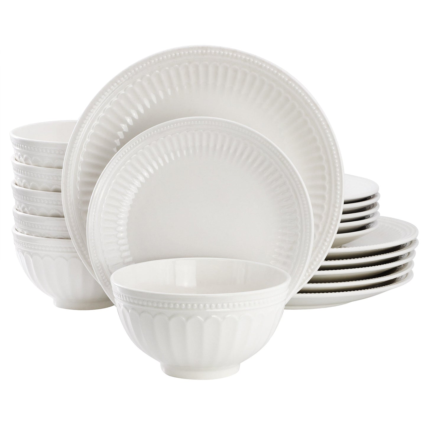 Elama Finley 18 Piece Embossed Arch Stoneware Dinnerware Set in White LuxuryLifeWay Online Store