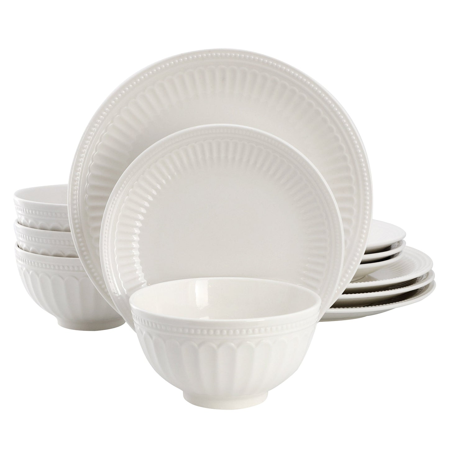 Elama Gabriella 12 Piece Embossed Arch Stoneware Dinnerware Set in White LuxuryLifeWay Online Store