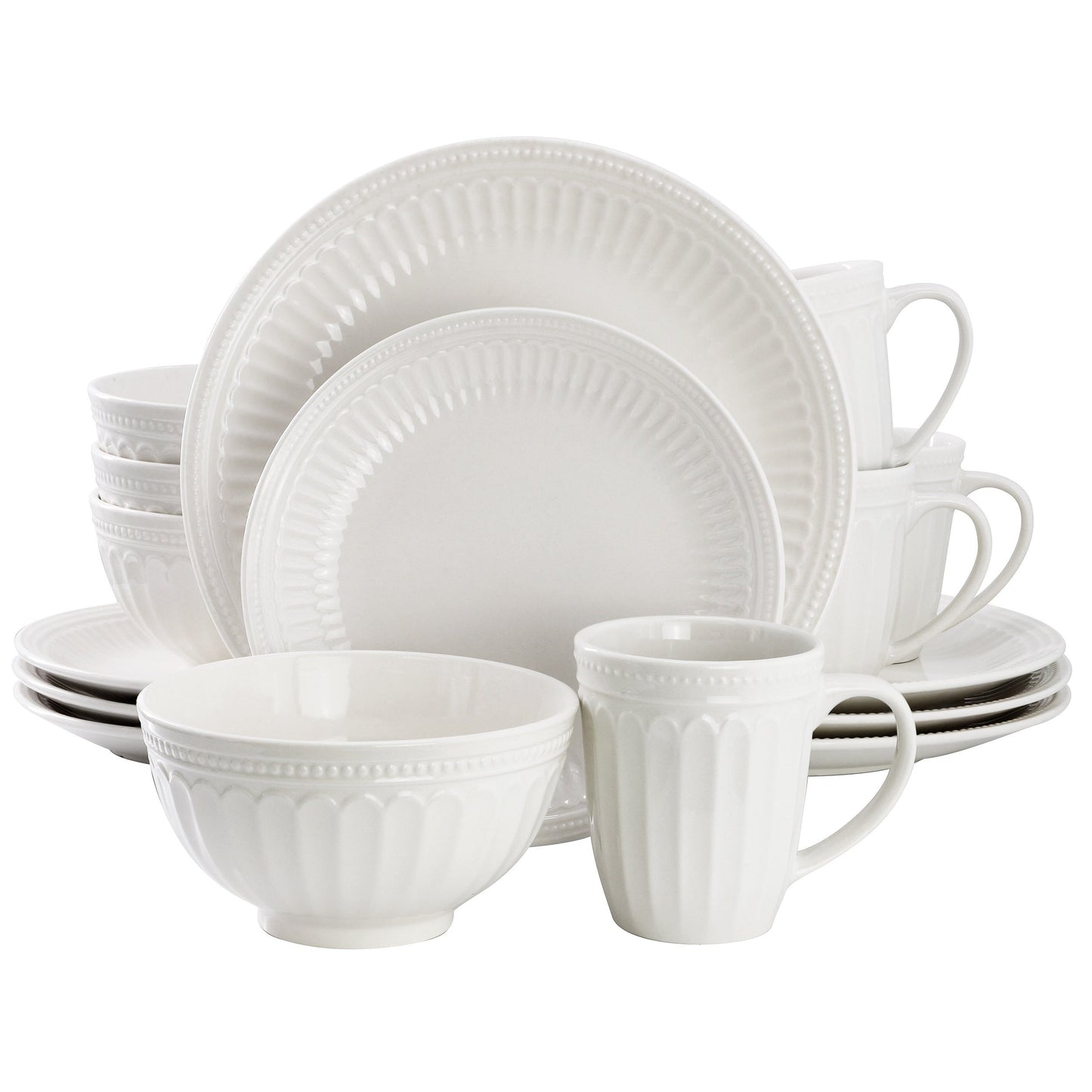 Elama Hansel 16 Piece Embossed Arch Stoneware Dinnerware Set in White LuxuryLifeWay Online Store