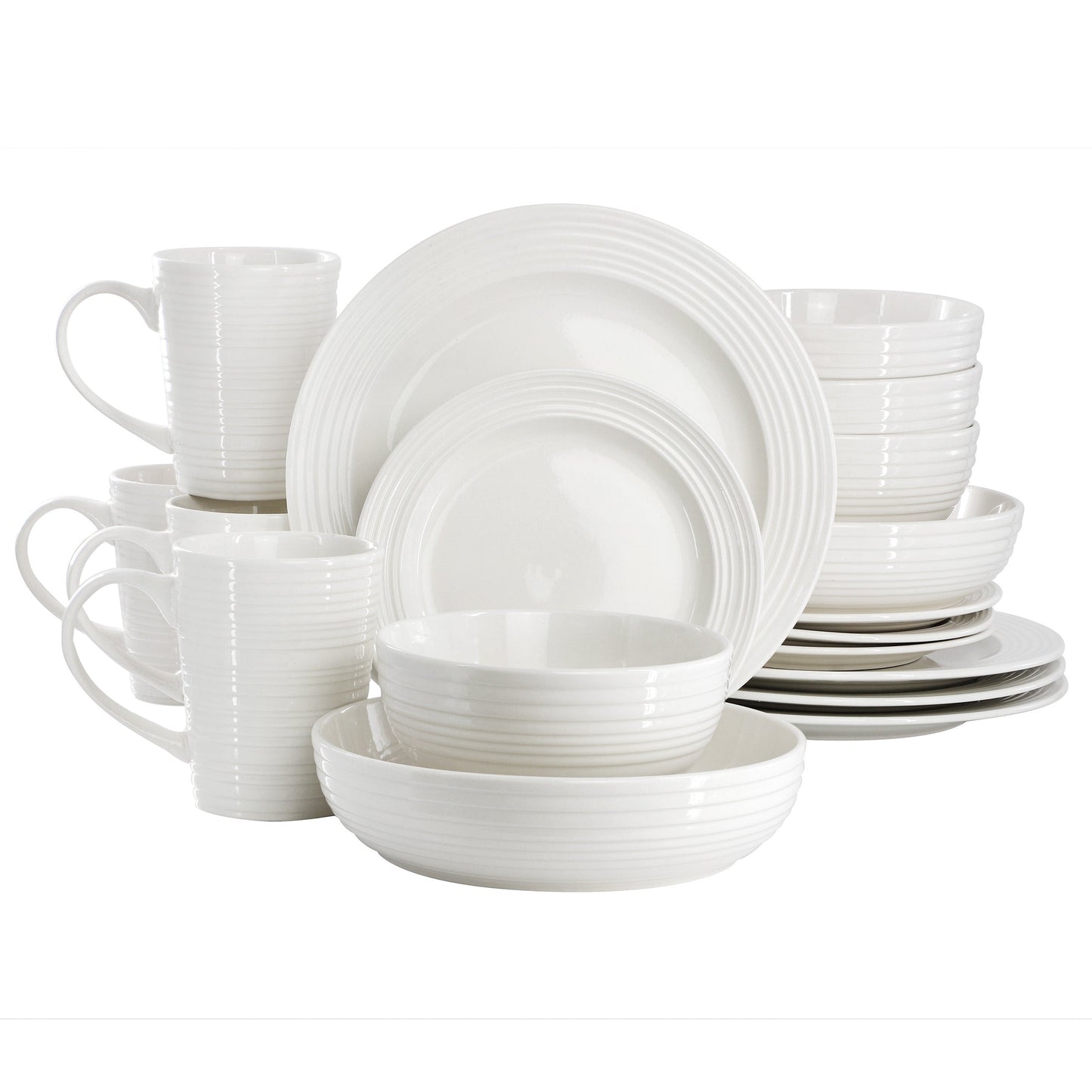 Elama Nikki 18 Piece Ribbed White Porcelain Dinnerware and Serving Bowl Set LuxuryLifeWay Online Store