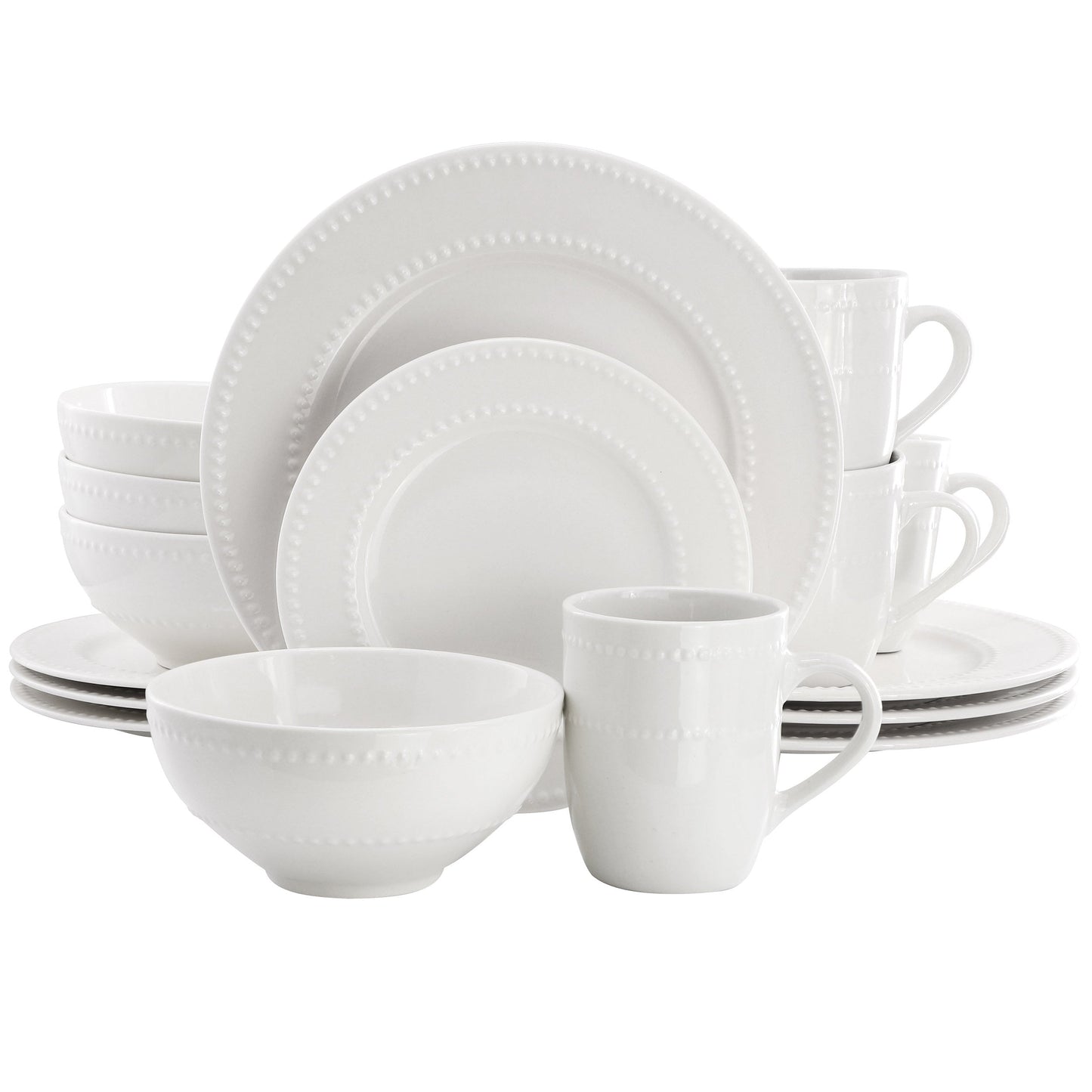 Elama Olevia 16 Piece Embossed Dot Stoneware Dinnerware Set in White LuxuryLifeWay Online Store