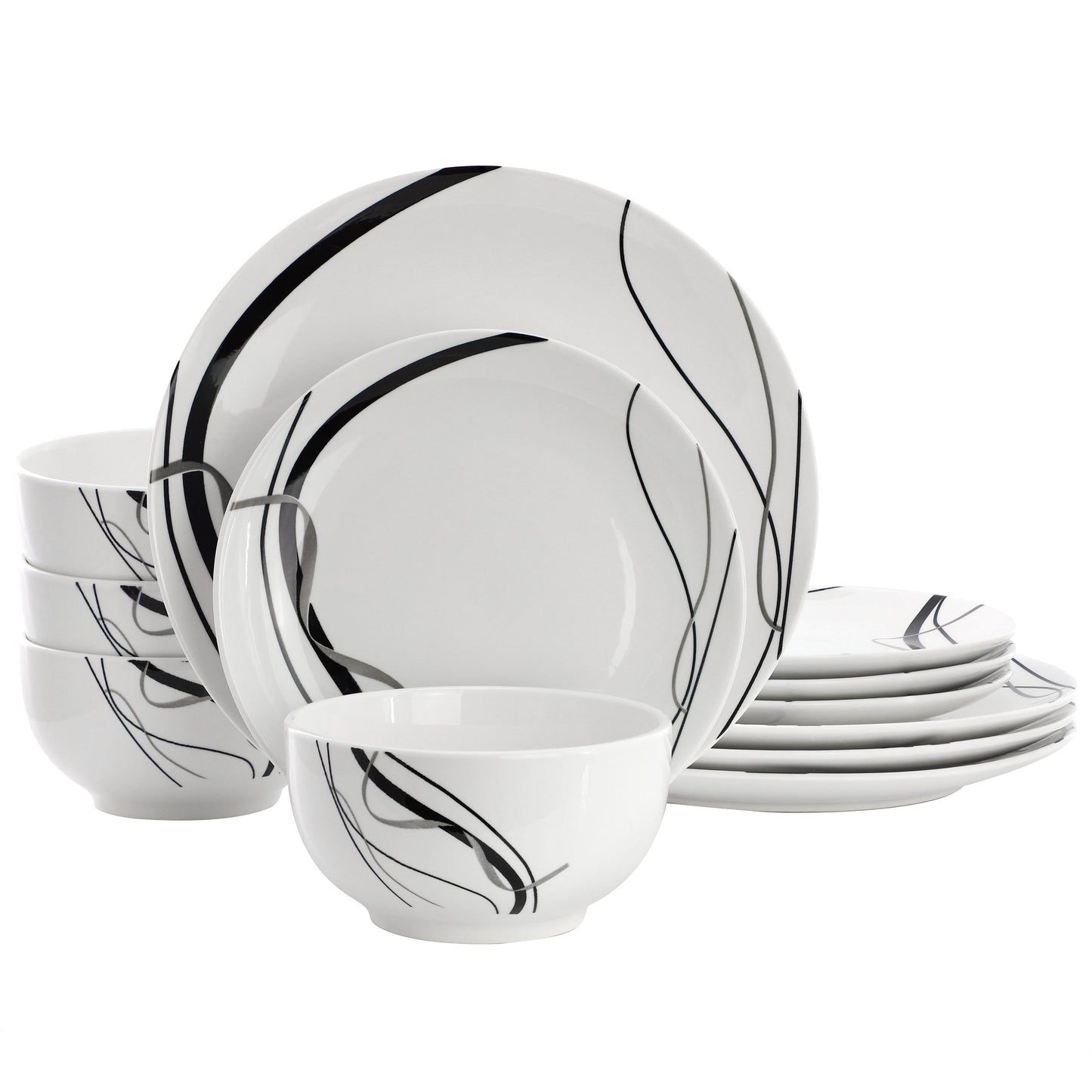Elama Sarah 12 Piece Porcelain Black Ribbon Dinnerware Set, Service for 4 in White and Black LuxuryLifeWay Online Store