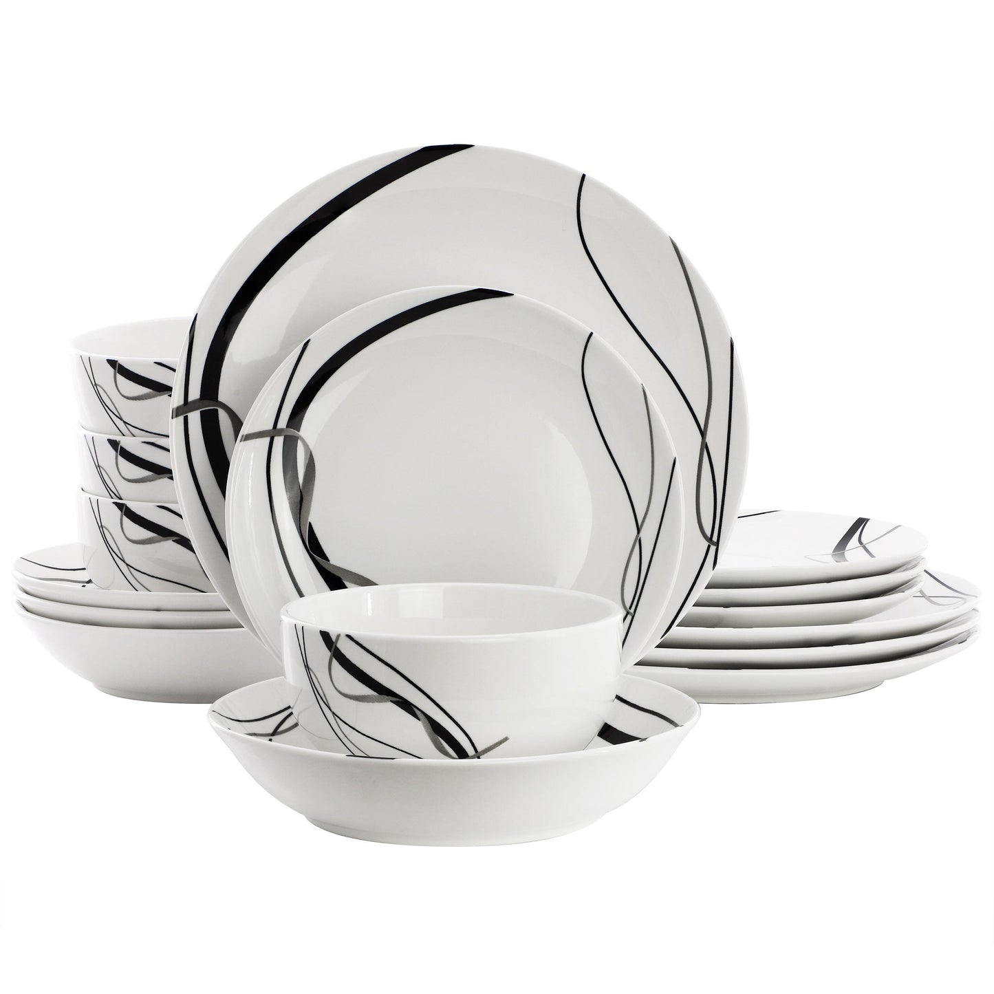 Elama Sarah 16 Piece Porcelain Black Ribbon Double Bowl Dinnerware Set, Service for 4 in White and Black LuxuryLifeWay Online Store