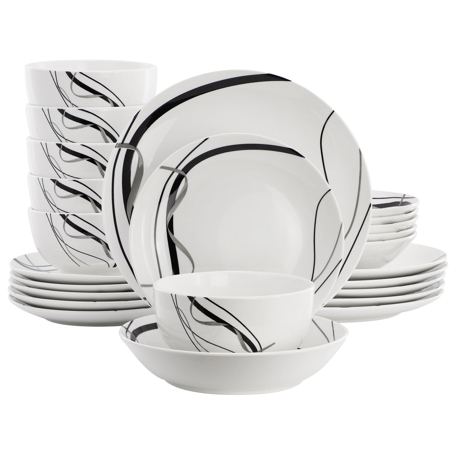 Elama Sarah 24 Piece Porcelain Black Ribbon Double Bowl Dinnerware Set, Service for 6 in White and Black LuxuryLifeWay Online Store