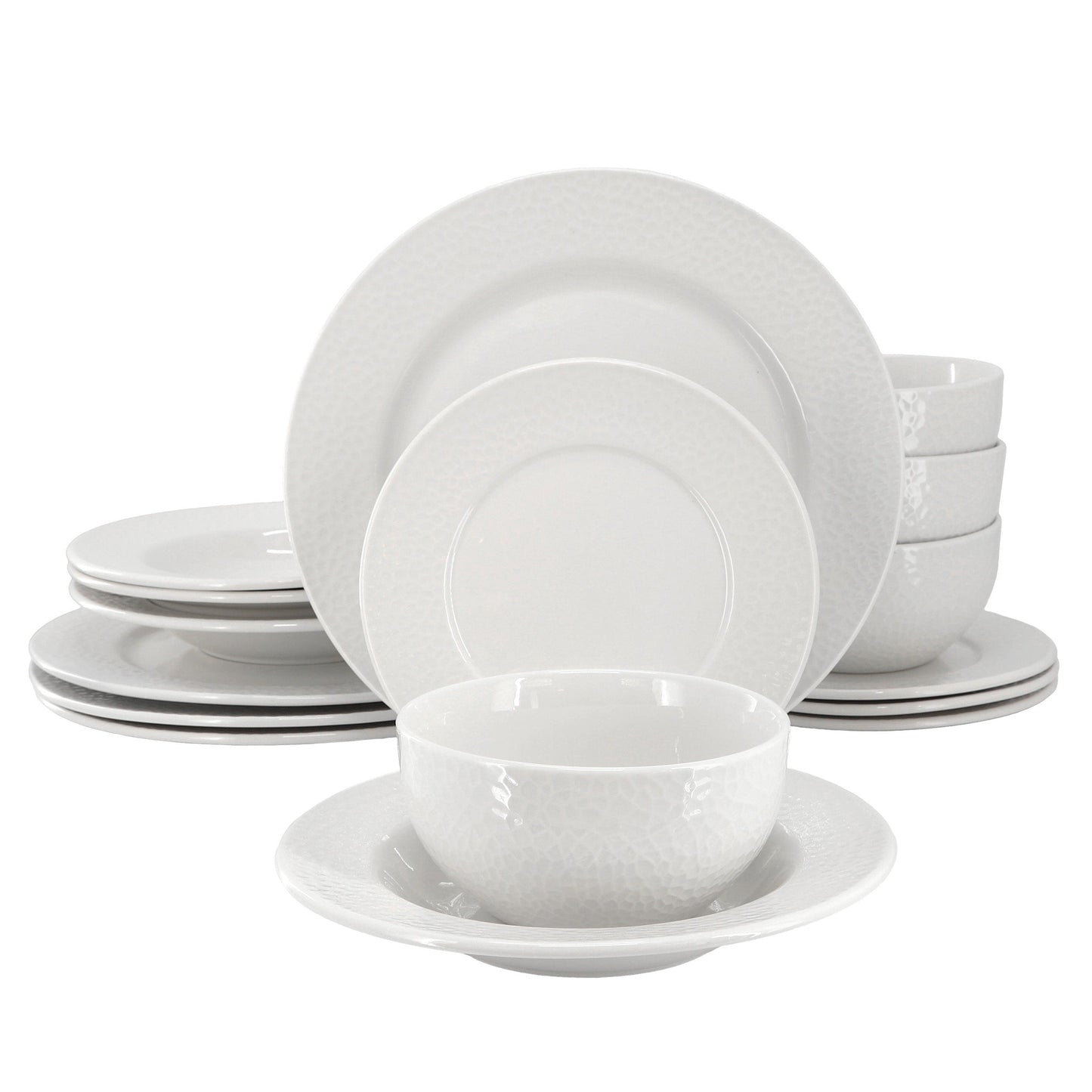 Elama Soyer 16 Piece Textured Design Double Bowl Porcelain Dinnerware Set in White LuxuryLifeWay Online Store