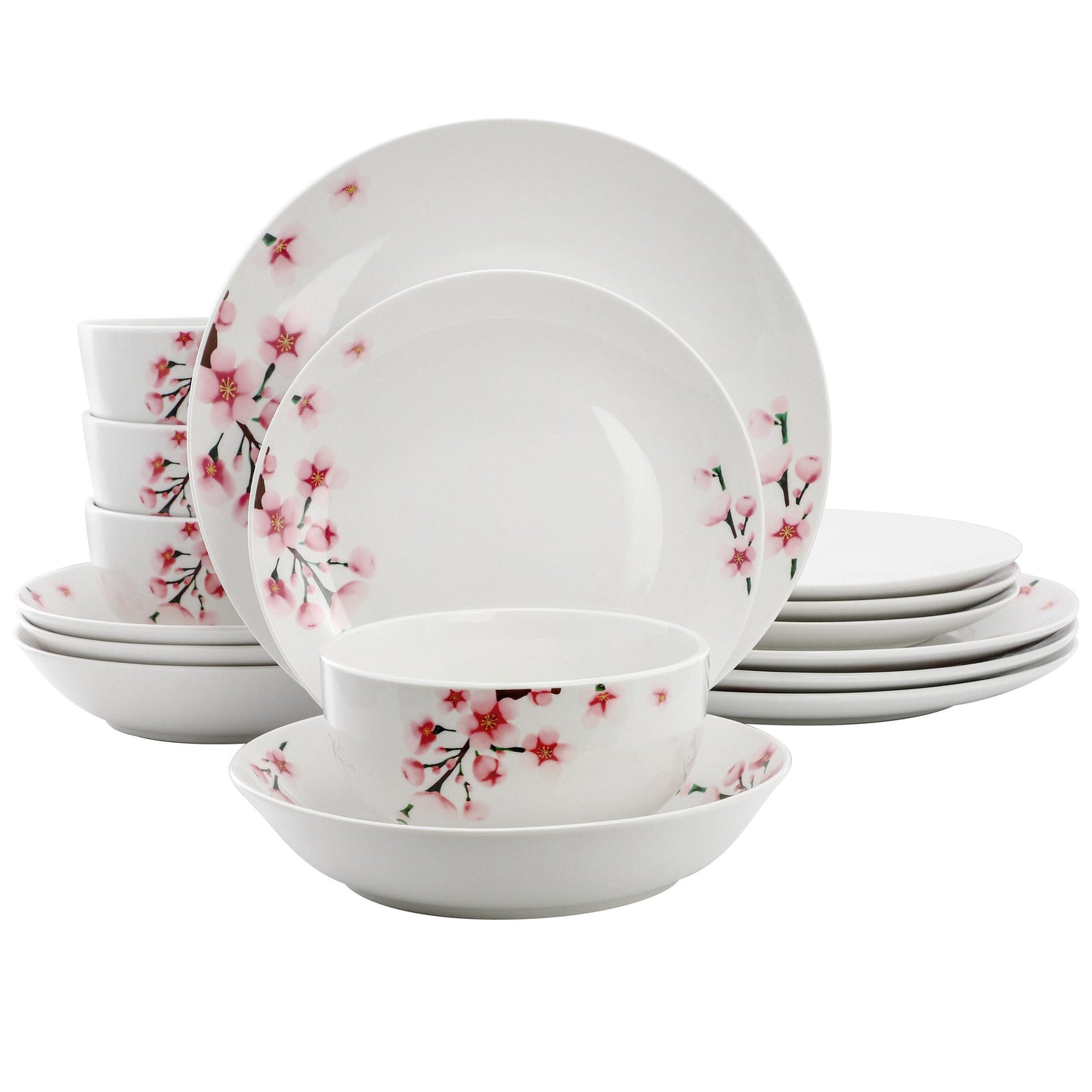 Elama Tamara 16 Piece Cherry Blossom Porcelain Double Bowl Dinnerware Set, Service for 4 in White and Pink LuxuryLifeWay Online Store