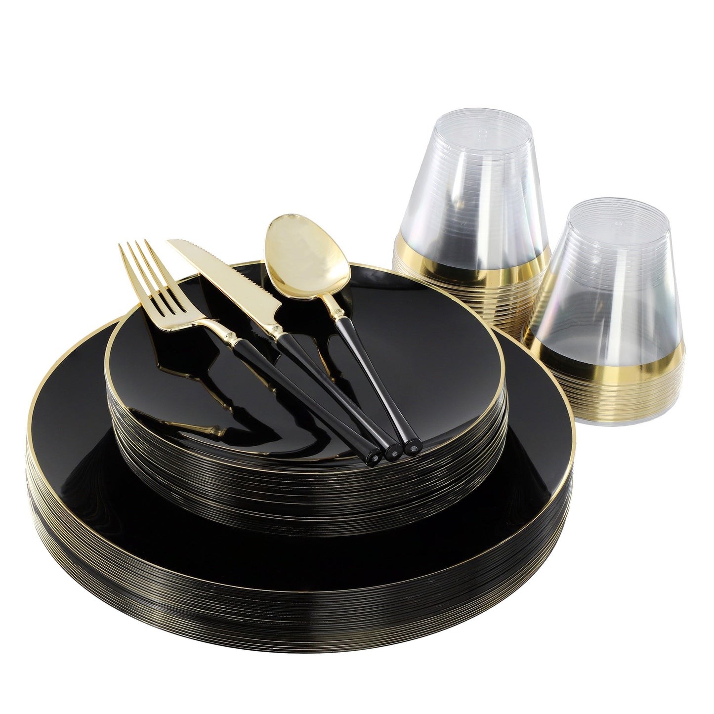 Elama 150 Piece Disposable Plastic Dinnerware Party Set for 25 Guests in Black with Gold Trim LuxuryLifeWay Online Store