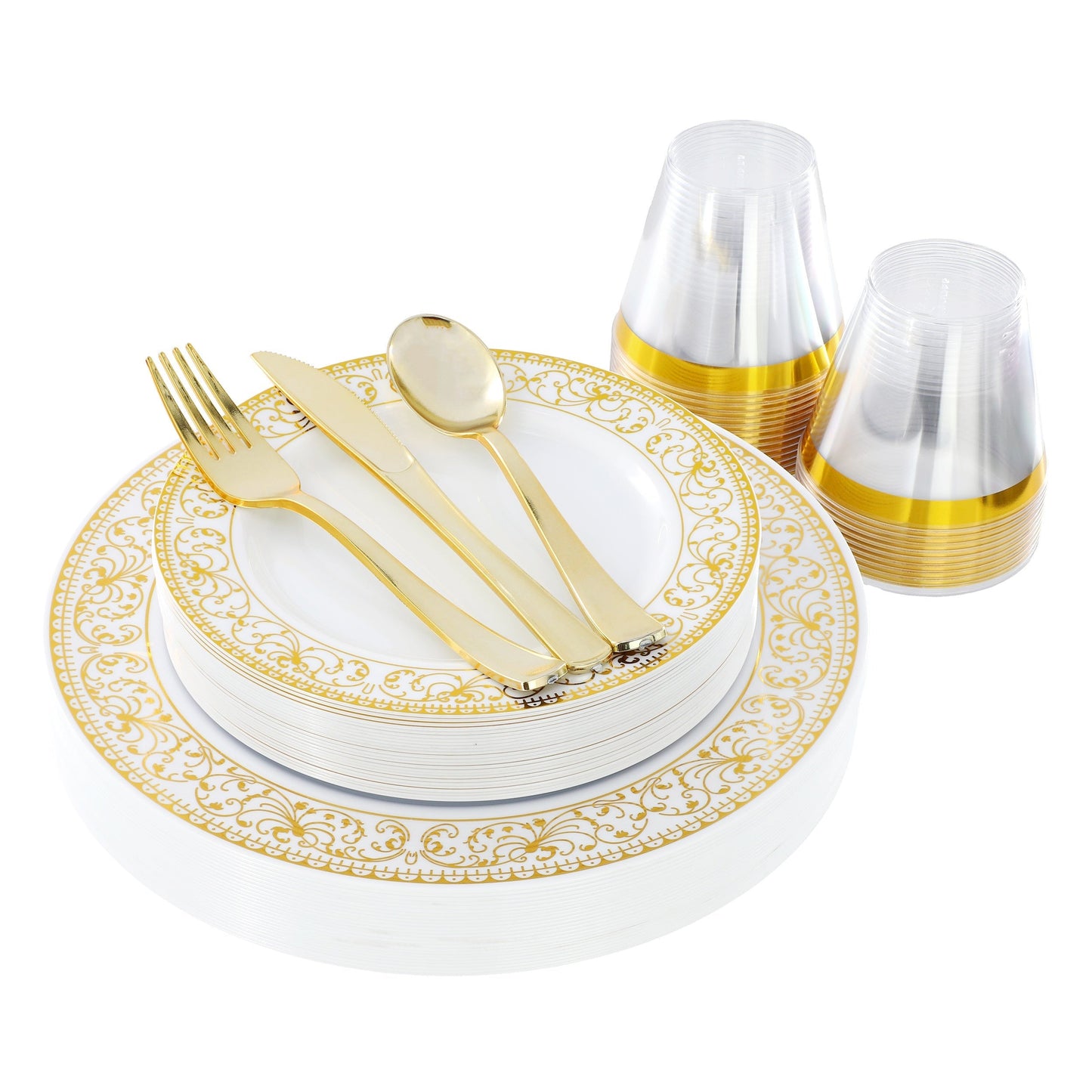 Elama 150 Piece Disposable Plastic Dinnerware Party Set for 25 Guests in White with Gold Decal Trim LuxuryLifeWay Online Store