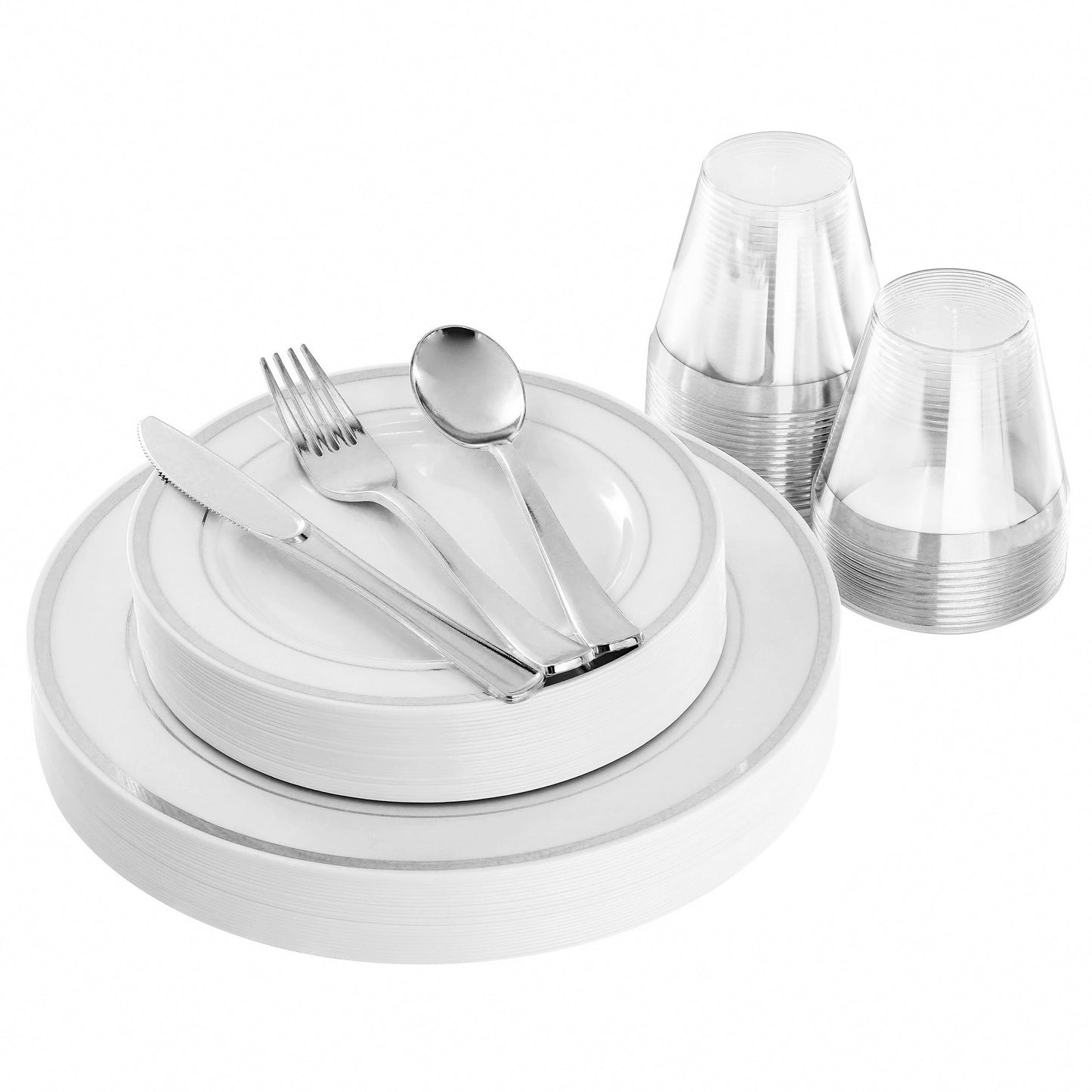 Elama 150 Piece Disposable Plastic Dinnerware Party Set for 25 Guests in White with Silver Trim LuxuryLifeWay Online Store