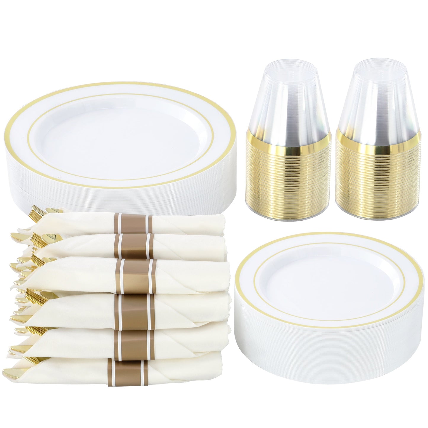 Elama 350 Piece Disposable Plastic Dinnerware Party Set for 50 Guests in White with Gold Trim LuxuryLifeWay Online Store