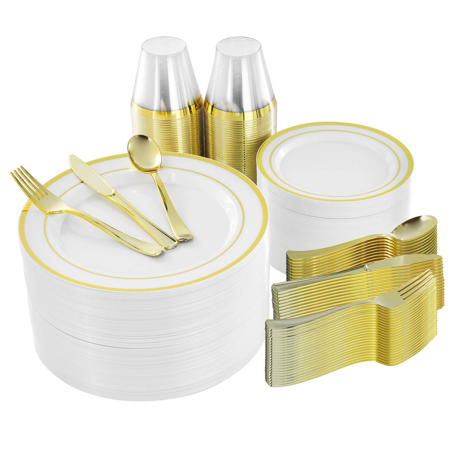 Elama 600 Piece Disposable Plastic Dinnerware Party Set for 100 Guests in White with Gold Trim LuxuryLifeWay Online Store