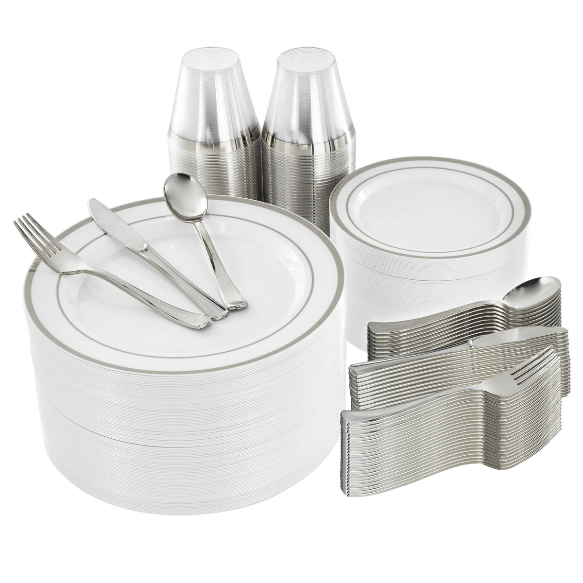 Elama 600 Piece Disposable Plastic Dinnerware Party Set for 100 Guests in White with Silver Trim LuxuryLifeWay Online Store