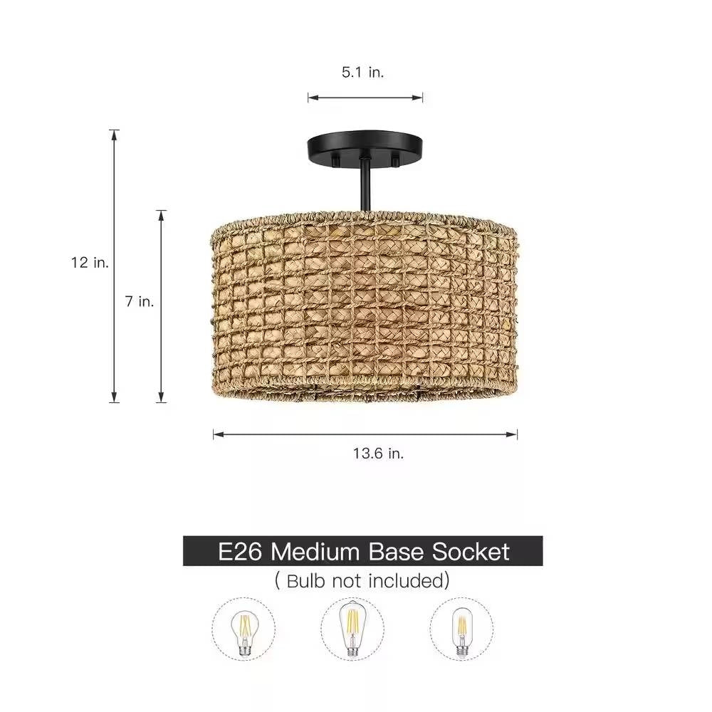 Bohemian 13.6-inch Round Rattan Drum 2-Light Ceiling Light - Semi-Flush Mount LuxuryLifeWay Online Store