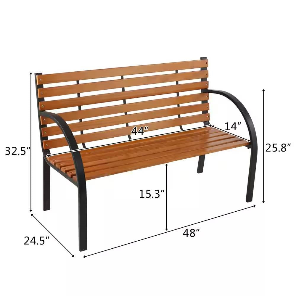 Black Metal Frame Outdoor Wood Slat Garden Bench with Curved Armrests LuxuryLifeWay Online Store