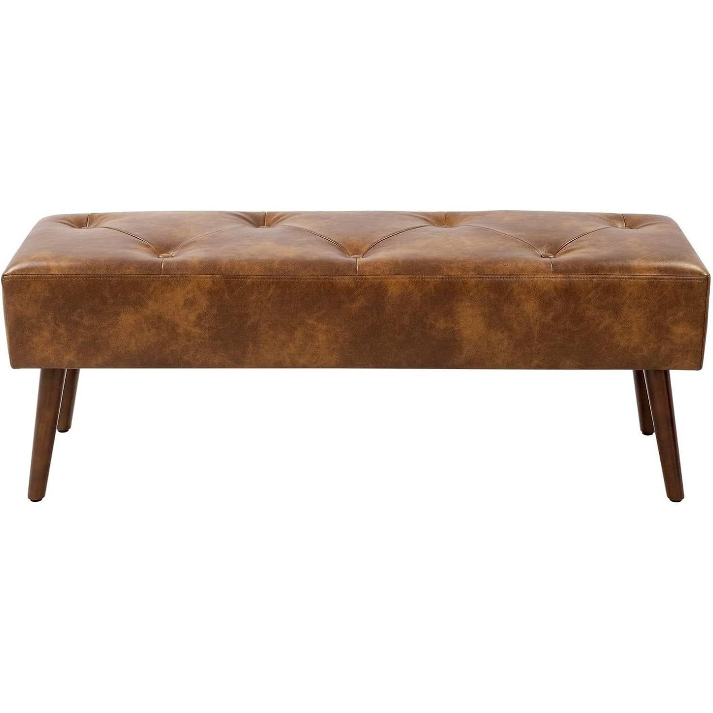 Mid-Century End of Bed Bench with Brown Leather Upholstered Seat Solid Wood Legs LuxuryLifeWay Online Store