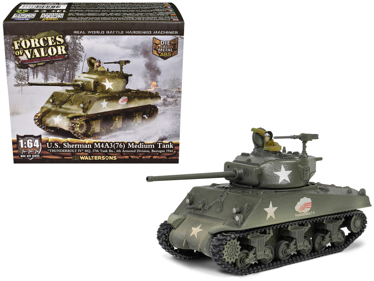 U.S. Sherman M4A3(76) Medium Tank "THUNDERBOLT IV 37th Tank Battalion 4th Armored Division Bastogne" (1944) United States Army "Mini AFV" Series 1/64 Diecast Model by Forces of Valor LuxuryLifeWay Online Store